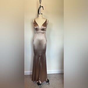 Elegant Satin Maxi Dress - Tan